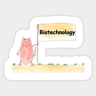 Biotechnology. Profession, work, job. Cat shows a banner with the inscription. Watercolor illustration. A gift for a professional. Sticker